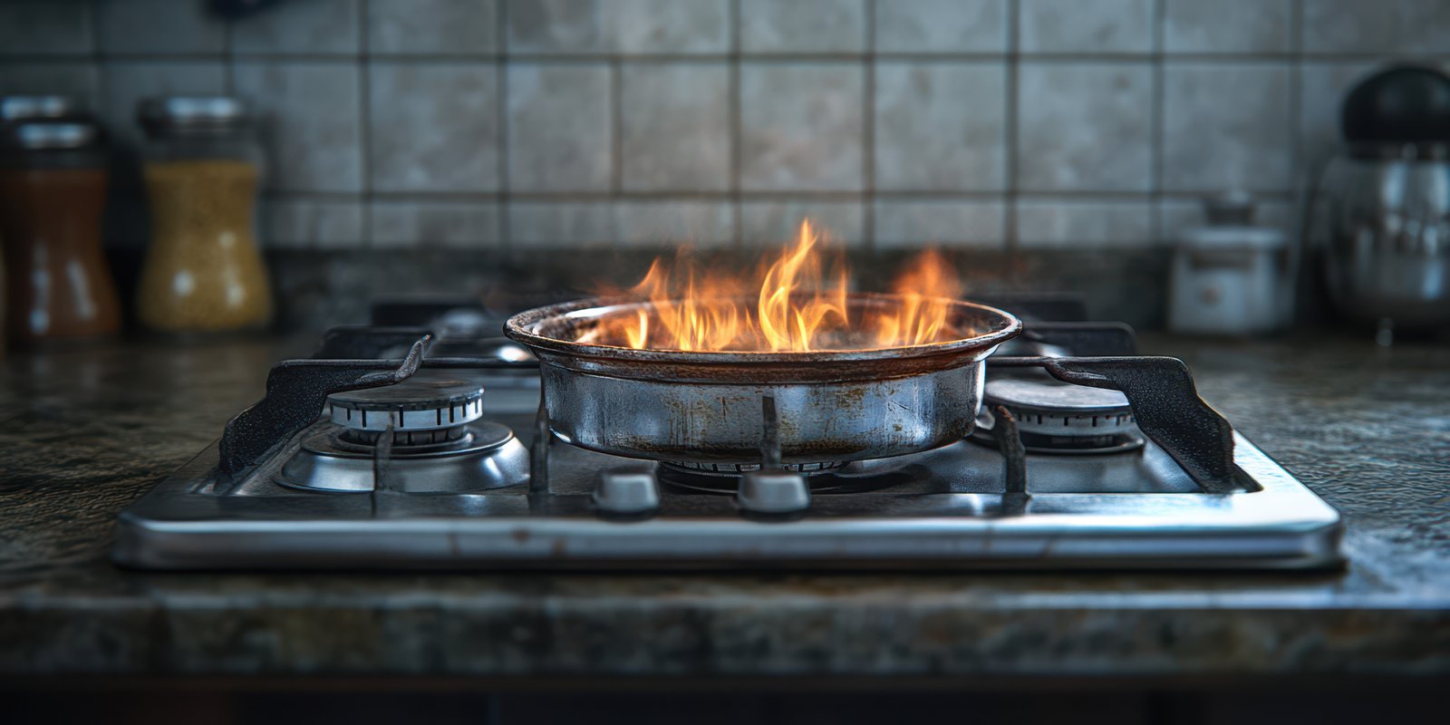 Kitchen stove with flames rising from a pan during cooking on a busy afternoon